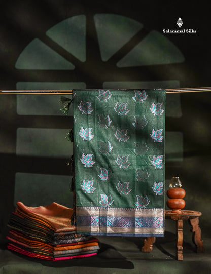 Semi Raw Silk Saree - Bottle Green Leaf Design Along With Fancy Border