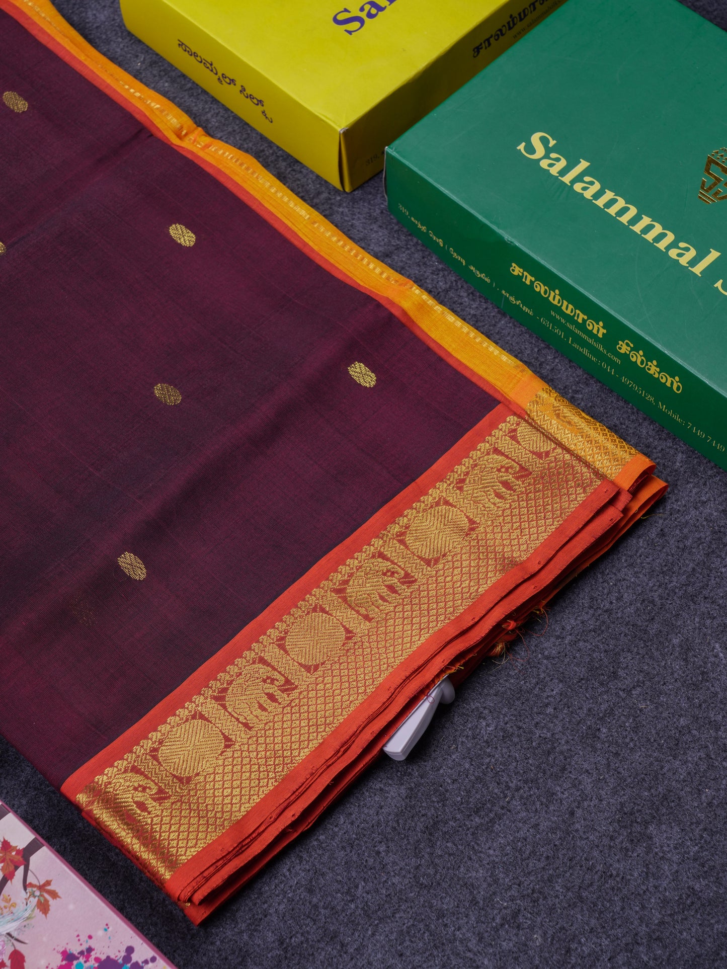Beautiful Dark Brown Pure Silk Cotton Saree With Contrast Orange Traditional Border