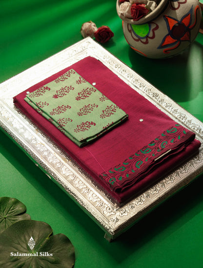 Beautiful Magenta Mirror Work Printed South Cotton Saree With Contrast Light Green Blouse