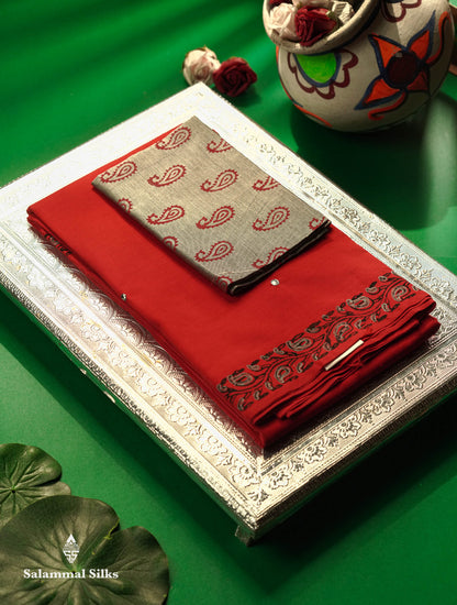 Beautiful Chilly Red Mirror Work Printed South Cotton Saree With Contrast Grey Blouse