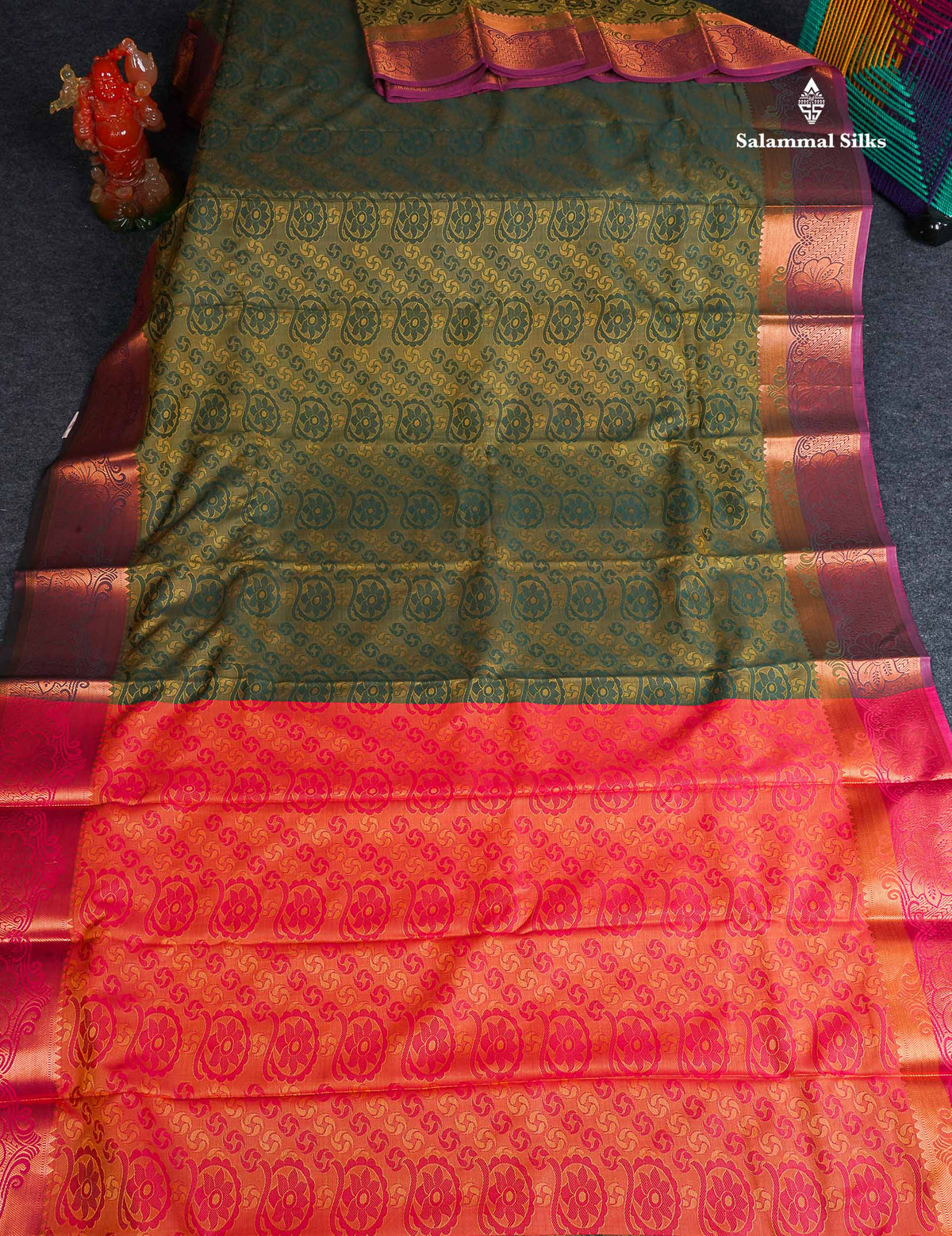 Semi Silk Saree - Green Colour Body With Contrast Pinkish Peach Blouse 