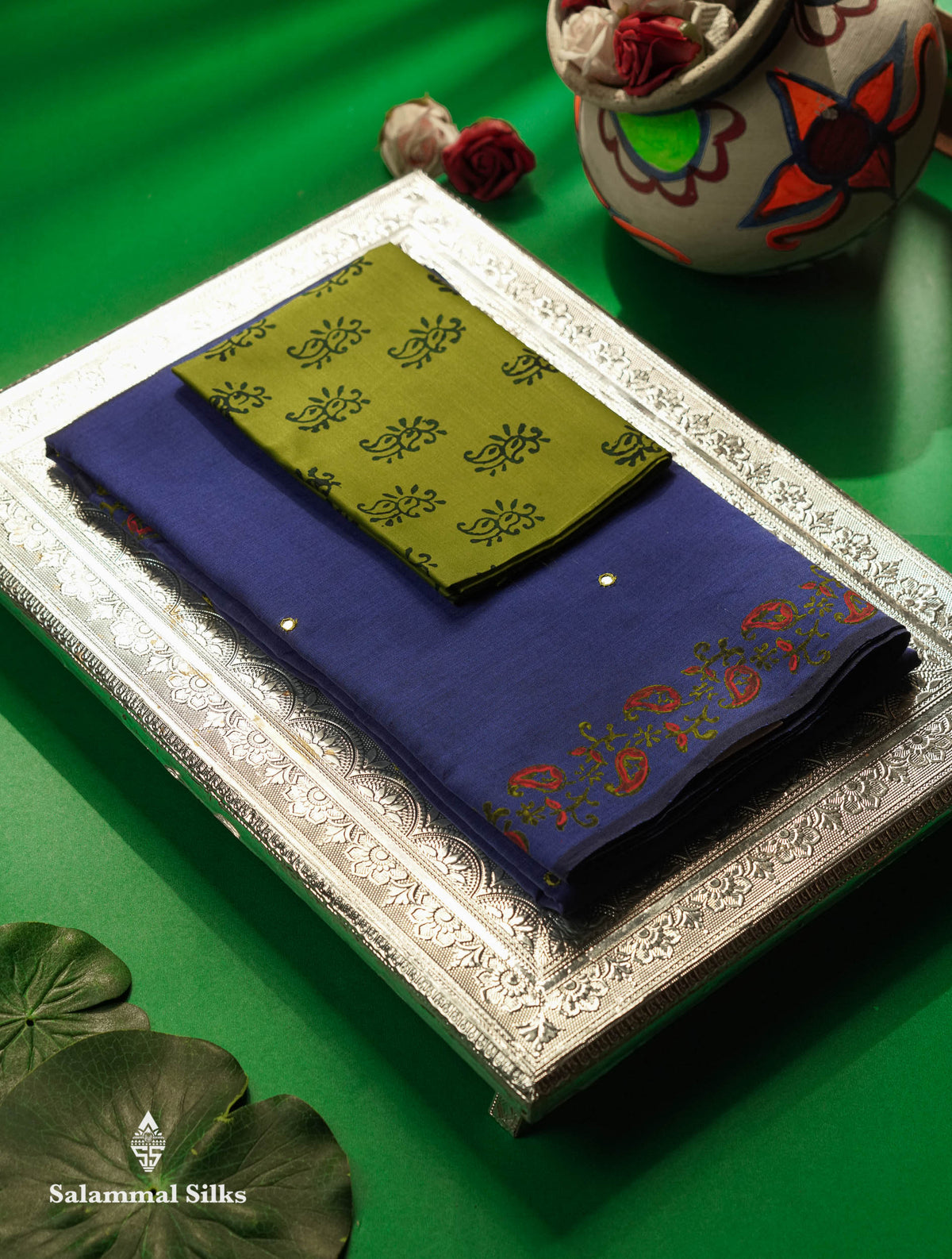 Beautiful Violet Mirror Work Printed South Cotton Saree With Contrast Parrot Green Blouse