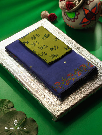 Beautiful Violet Mirror Work Printed South Cotton Saree With Contrast Parrot Green Blouse