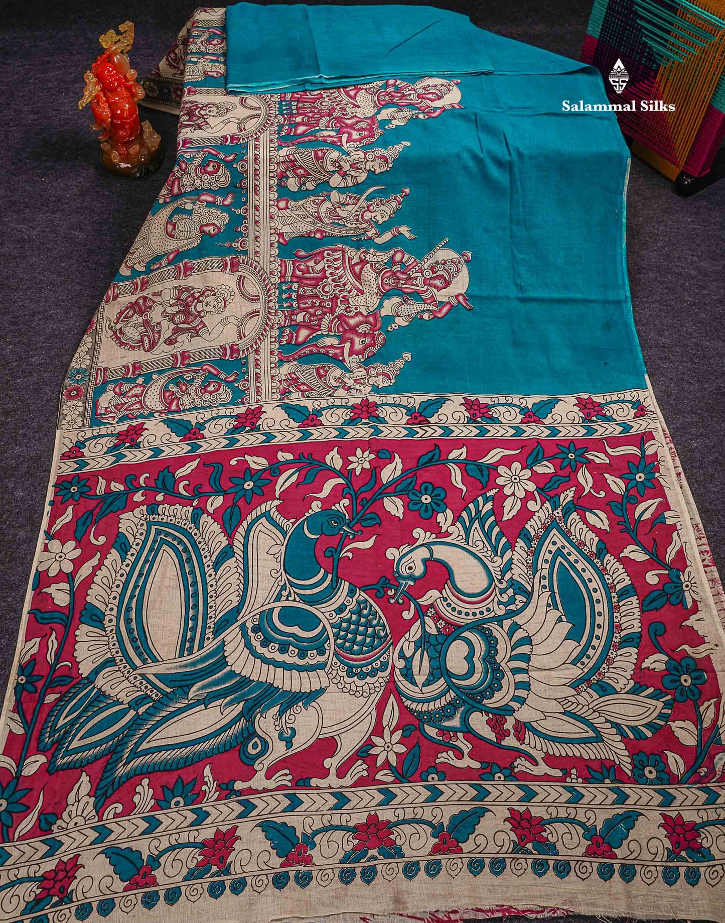 Kalamkari Pure Cotton Saree - Ramar Blue Printed With Half White Blouse