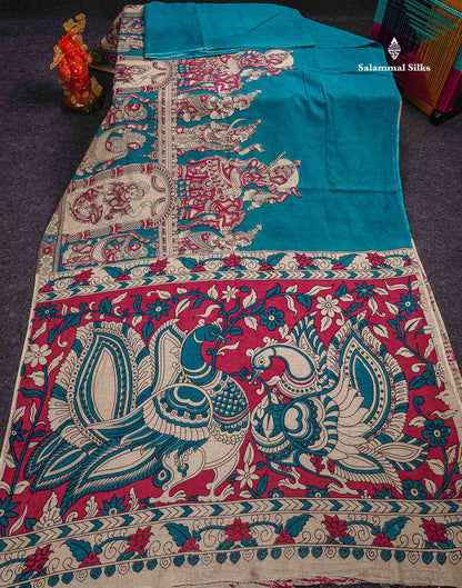 Kalamkari Pure Cotton Saree - Ramar Blue Printed With Half White Blouse