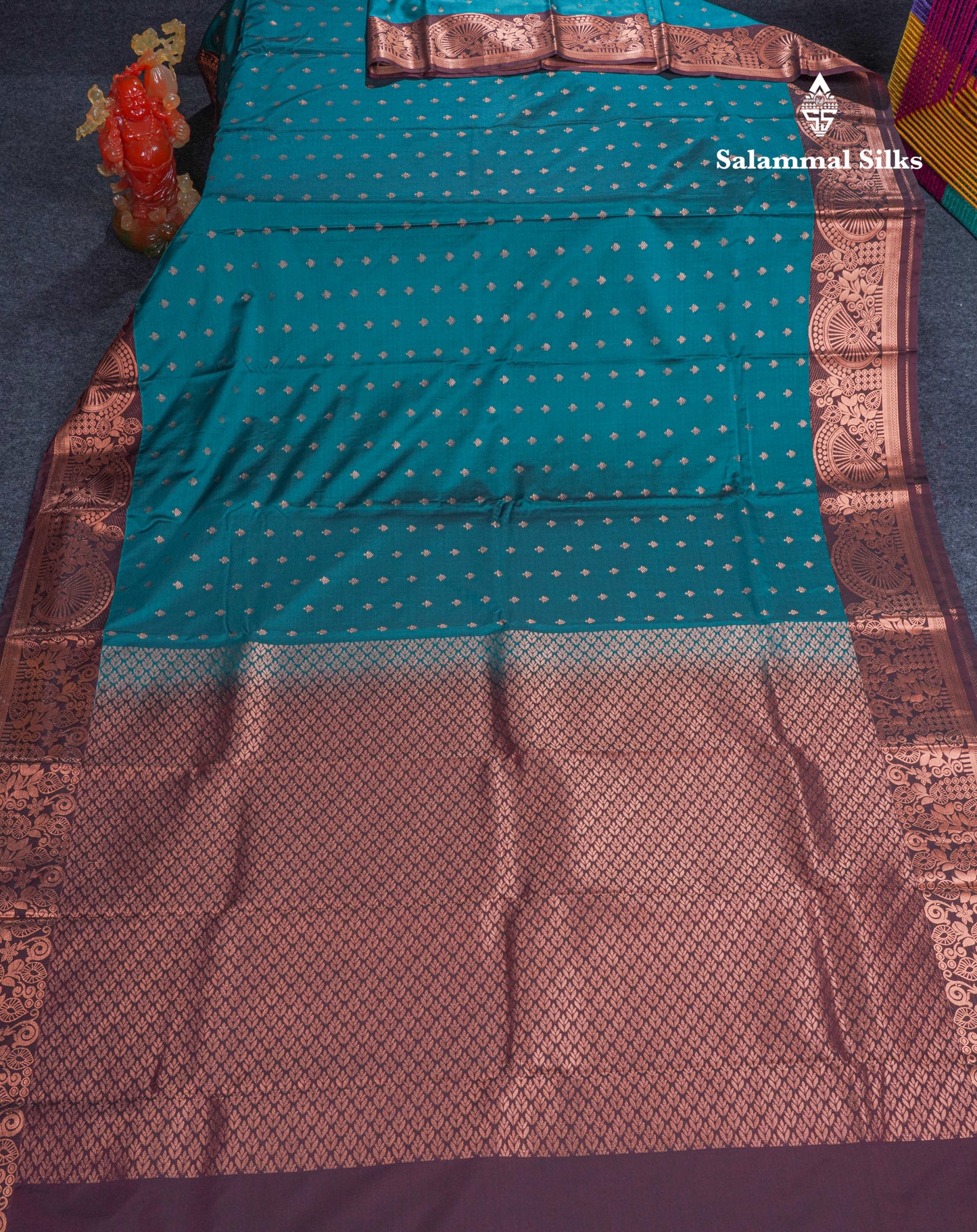 Peacock Blue Semi Silk Saree With Contrast Dark Brown Border