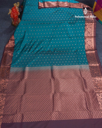 Peacock Blue Semi Silk Saree With Contrast Dark Brown Border