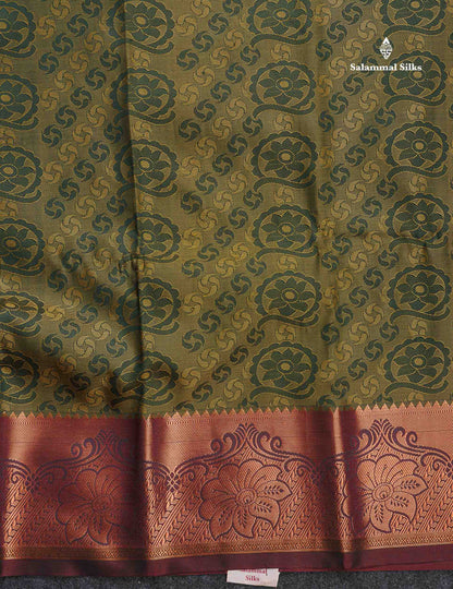 Semi Silk Saree - Green Colour Body With Contrast Pinkish Peach Blouse