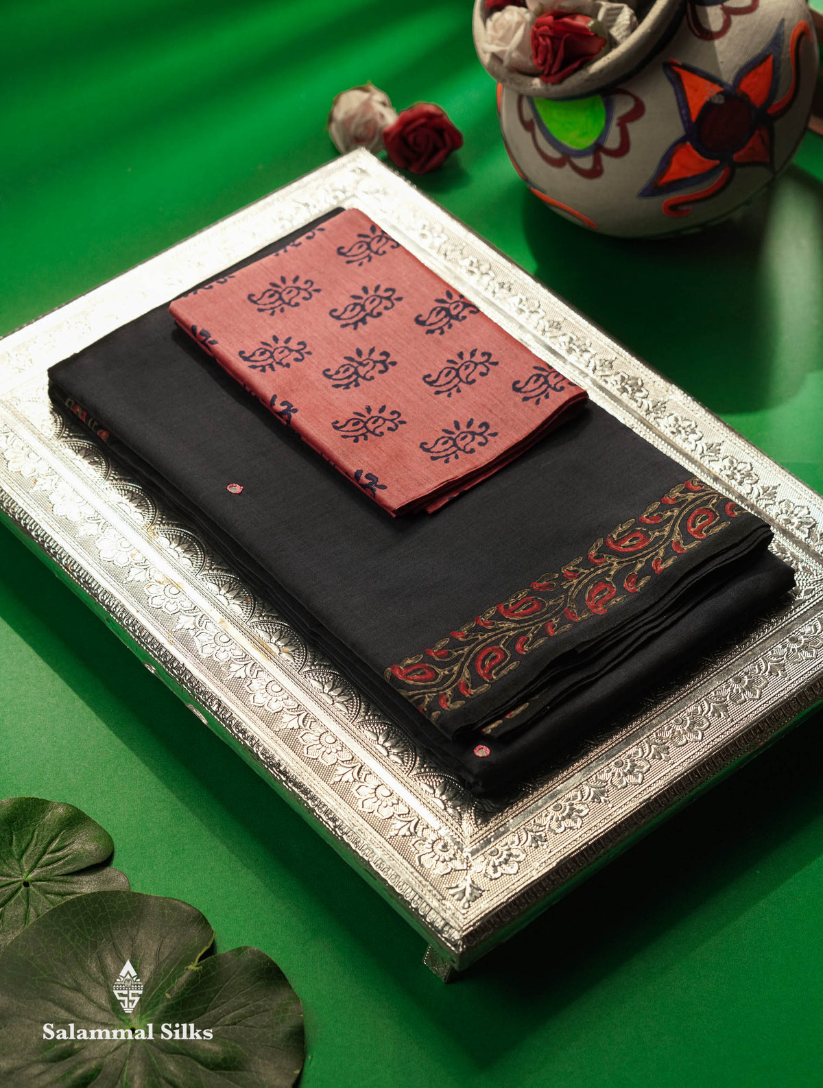 Beautiful Navy Blue Mirror Work Printed South Cotton Saree With Contrast Light Pink Blouse
