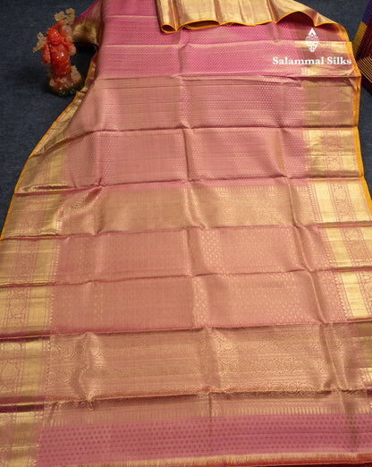 Beautiful Onion Pink Tissue Pure Kanjivaram Silk Saree With Traditional Border