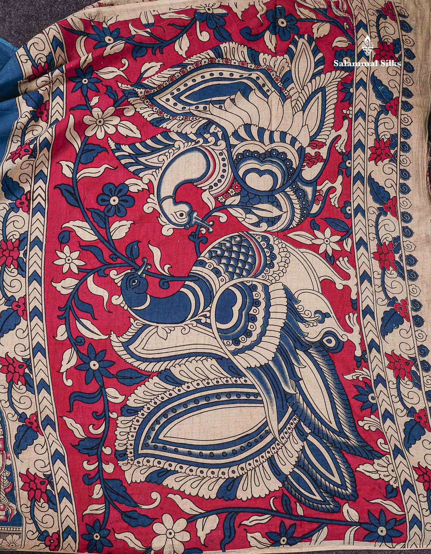 Kalamkari Pure Cotton Saree - Ramar Blue Printed With Half White Blouse