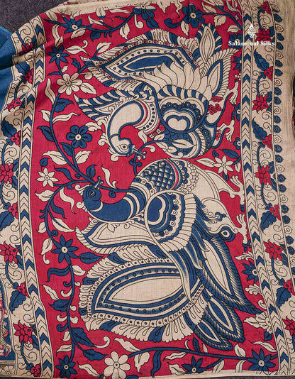 Kalamkari Pure Cotton Saree - Ramar Blue Printed With Half White Blouse