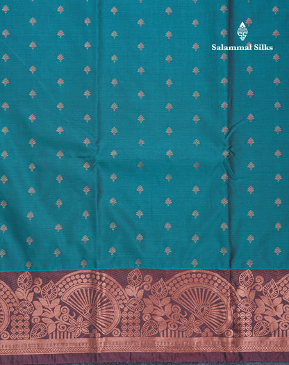 Peacock Blue Semi Silk Saree With Contrast Dark Brown Border