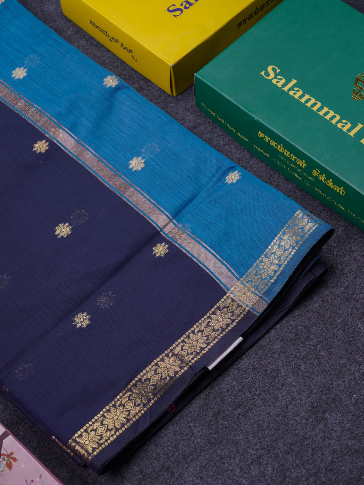Beautiful Navy Blue Maheshwar Cotton Saree With Contrast Blue Blouse