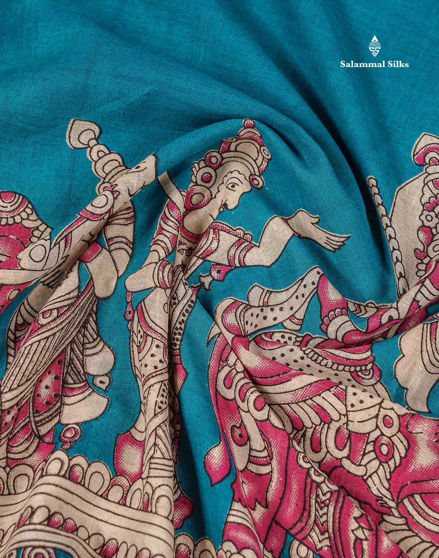 Kalamkari Pure Cotton Saree - Ramar Blue Printed With Half White Blouse