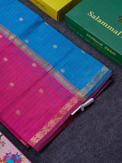 Beautiful Pink Maheshwar Cotton Saree With Contrast Blue Blouse