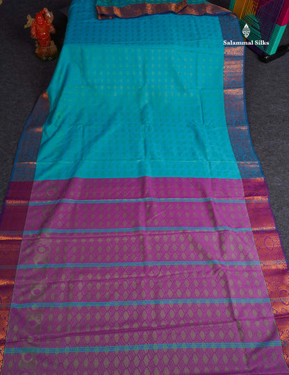 Semi Silk Saree - Sapphire Blue Colour Body With Contrast Purple Blouse 
