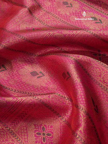 Meenakari Work Pink Shade Pure Kanjivaram Silk Saree Pure zari (3G) with Traditional Gold Zari Border