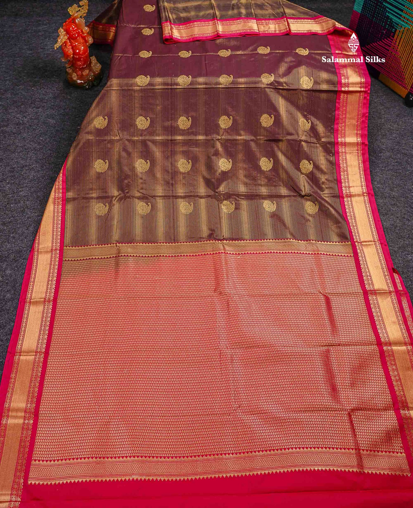 Semi Silk Saree -  Dark Maroon Mango Butta With Alai Vaira Oosi Lines Along With Contrast Redish Pink Small Traditional Border