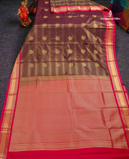Semi Silk Saree -  Dark Maroon Mango Butta With Alai Vaira Oosi Lines Along With Contrast Redish Pink Small Traditional Border