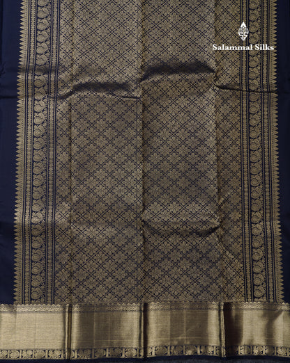 Beautiful Dark Navy Blue Pure Kanjivaram Silk Saree With Traditional Evening Morning Border