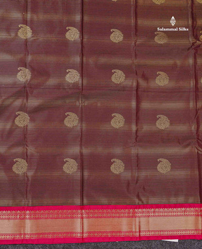 Semi Silk Saree -  Dark Maroon Mango Butta With Alai Vaira Oosi Lines Along With Contrast Redish Pink Small Traditional Border