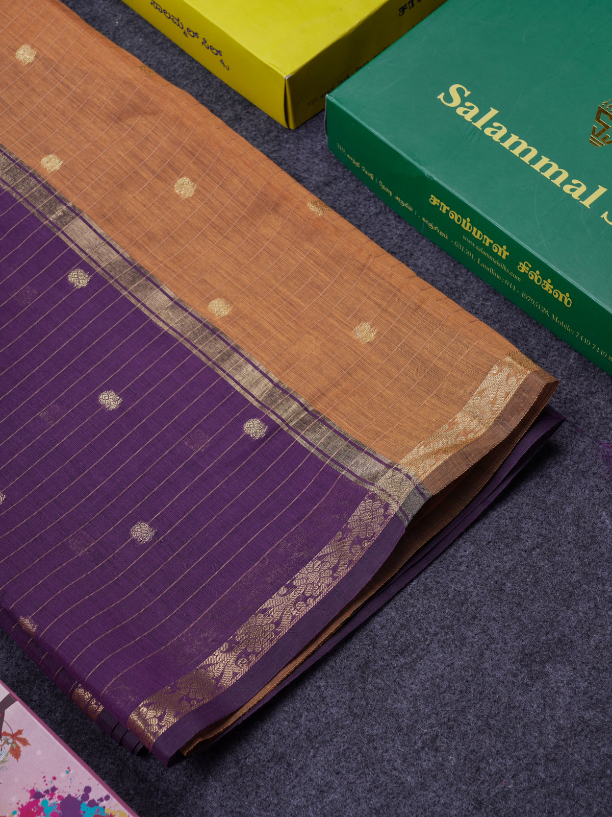 Beautiful Dark Purple Cotton Mix Saree With Contrast Mustard Yellow Blouse