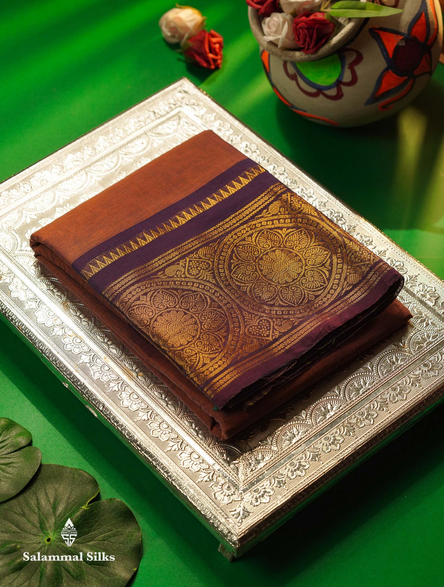 Beautiful Dual Tone Brown Plain Pure Chettinad Cotton Saree With Contrast Violet Traditional Evening Morning Border