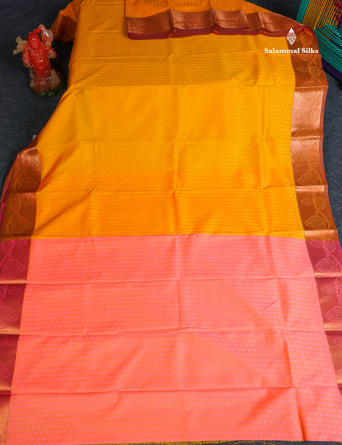 Semi Silk Saree - Yellow Colour Body With Contrast Peach Blouse