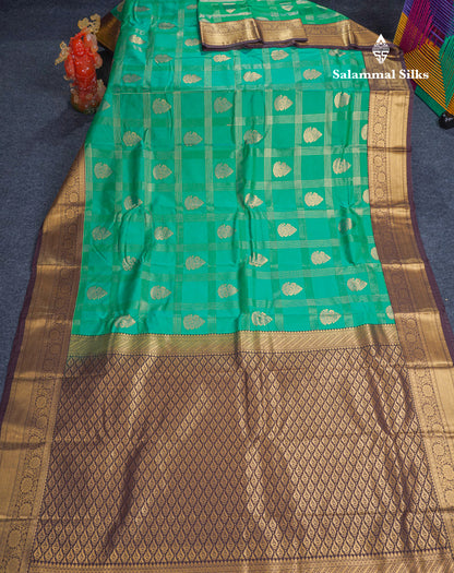 Dual Tone Peacock Green Semi Silk Saree With Contrast Dark Brown Border