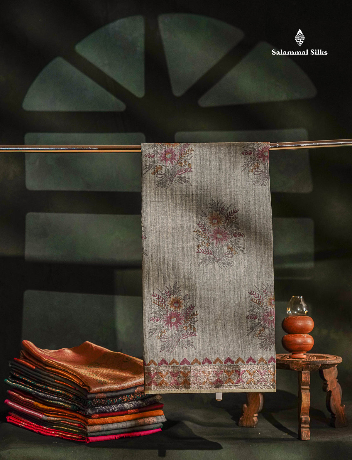 Elaichi Green Printed Cotton Mix Saree With Small Tissue Border