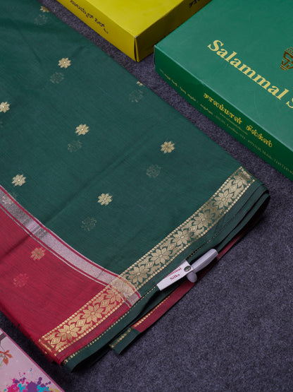 Beautiful Bottle Green Maheshwar Cotton Saree With Contrast Maroon Blouse