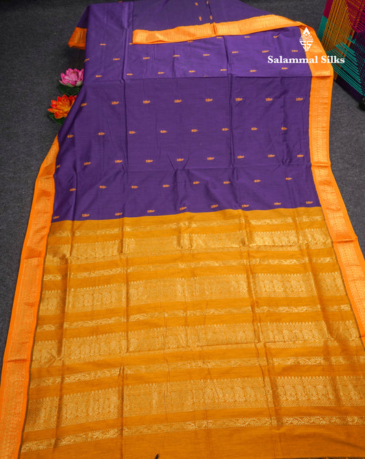 Violet Kalyani Cotton Saree With Contrast Mustard Yellow Border