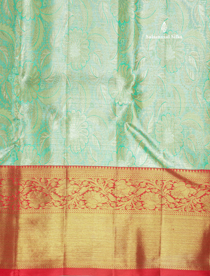 Pure Zari Rexona Green Pure Kanjivaram Silk Saree With Contrast Chilly Red Border