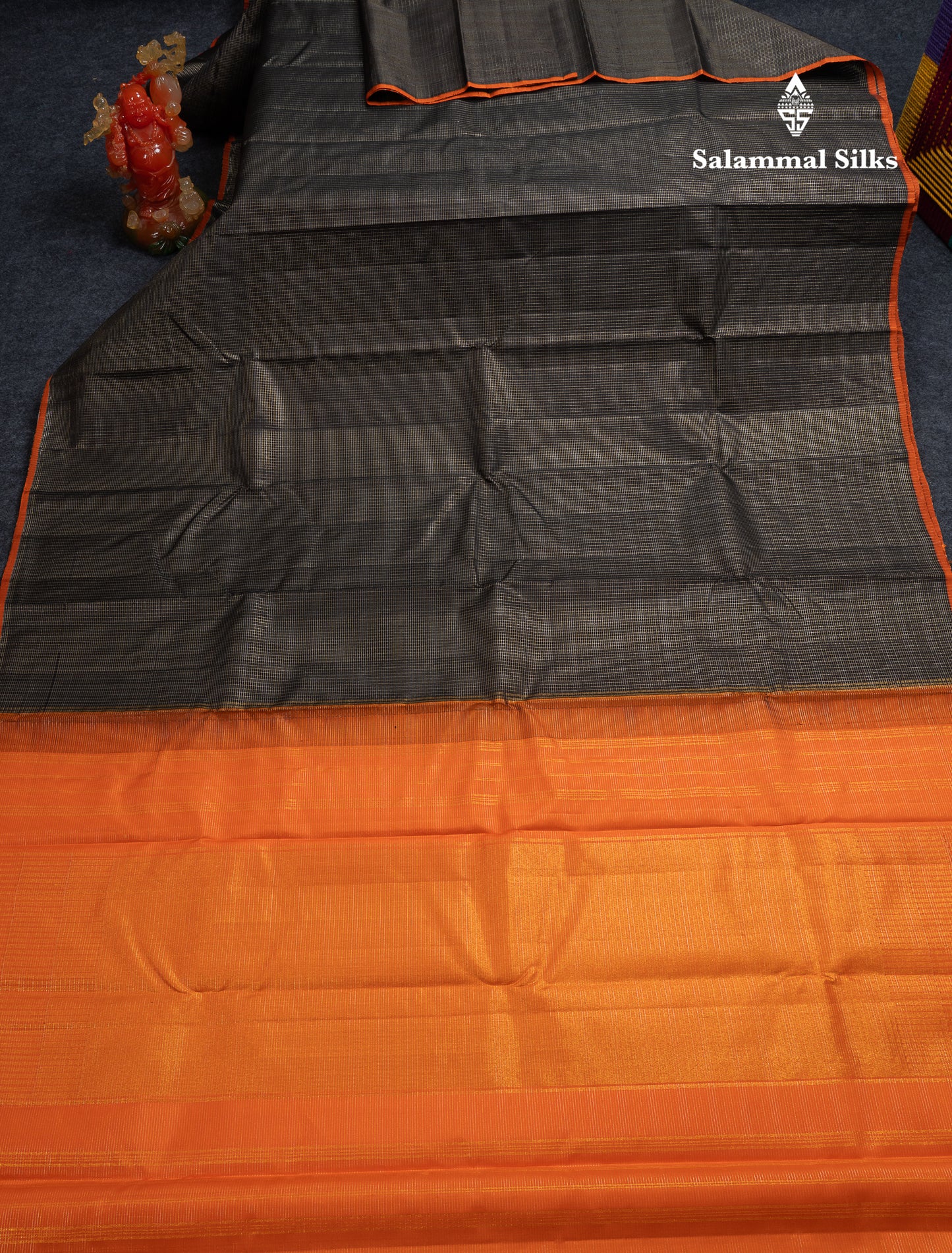 Beautiful Black Vaira Oosi Tiny Checks Pure Kanjivaram Silk Saree With Contrast Orange Blouse