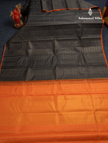 Beautiful Black Vaira Oosi Tiny Checks Pure Kanjivaram Silk Saree With Contrast Orange Blouse