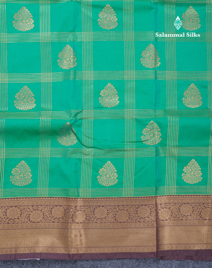 Dual Tone Peacock Green Semi Silk Saree With Contrast Dark Brown Border