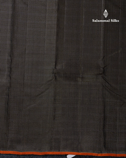 Beautiful Black Vaira Oosi Tiny Checks Pure Kanjivaram Silk Saree With Contrast Orange Blouse