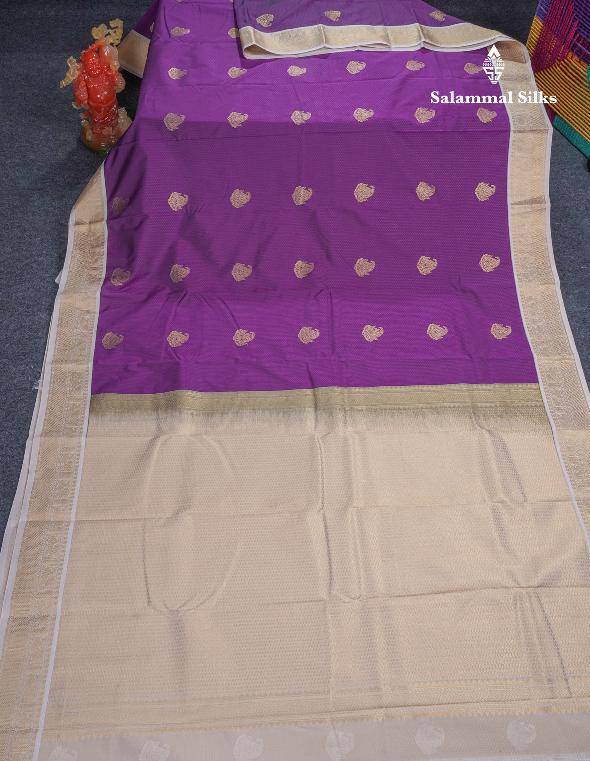 Dark Purple Semi Silk Saree With Contrast Half White Small Traditional Border