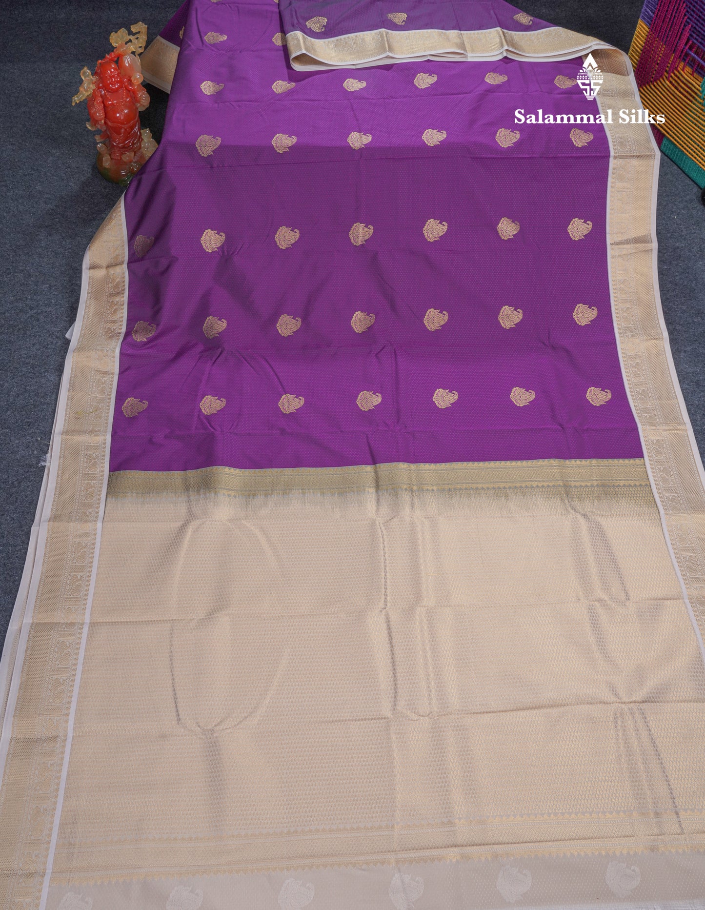 Dark Purple Semi Silk Saree With Contrast Half White Small Traditional Border