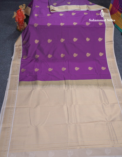 Dark Purple Semi Silk Saree With Contrast Half White Small Traditional Border