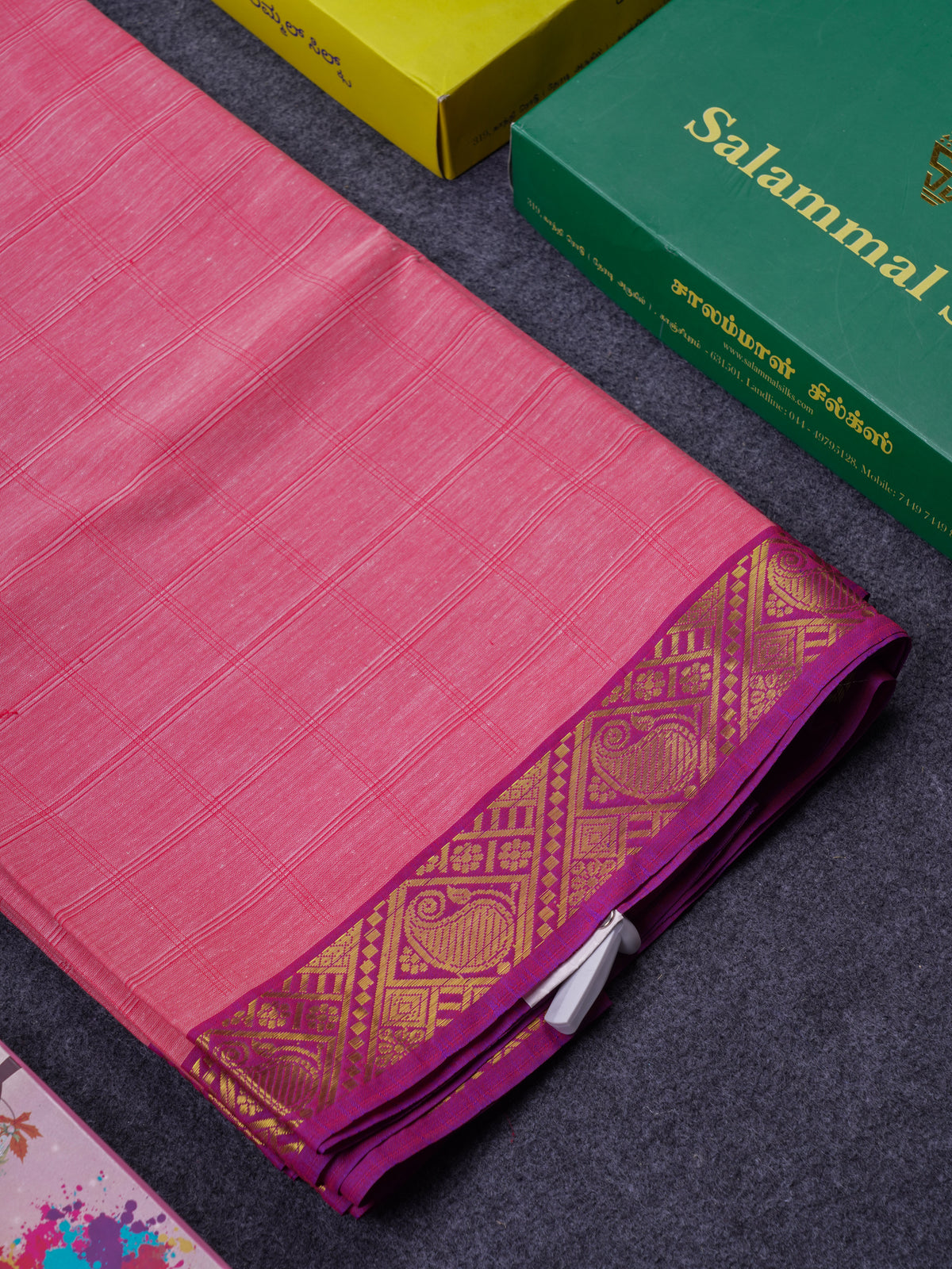 Beautiful Light Pink Thread Checks Pure Cotton Saree With Contrast Violet Border