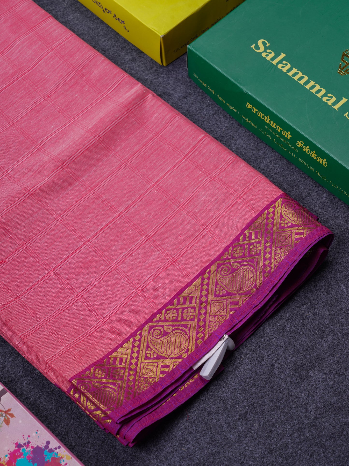 Beautiful Light Pink Thread Checks Pure Cotton Saree With Contrast Violet Border