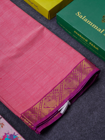 Beautiful Light Pink Thread Checks Pure Cotton Saree With Contrast Violet Border