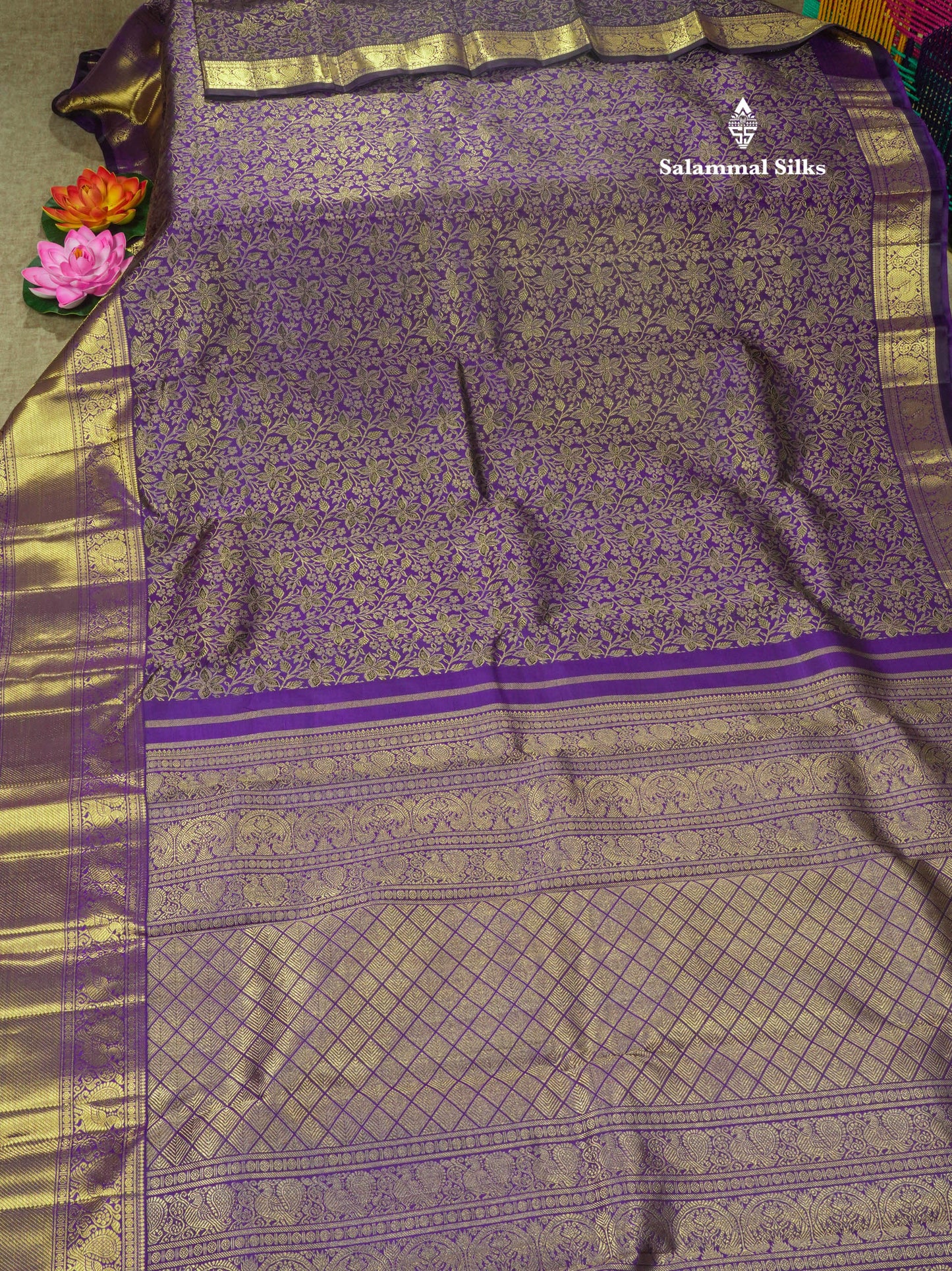 Violet Colour Kanjivaram Pure Silk Saree 3G Zari with Traditional Long Size Border