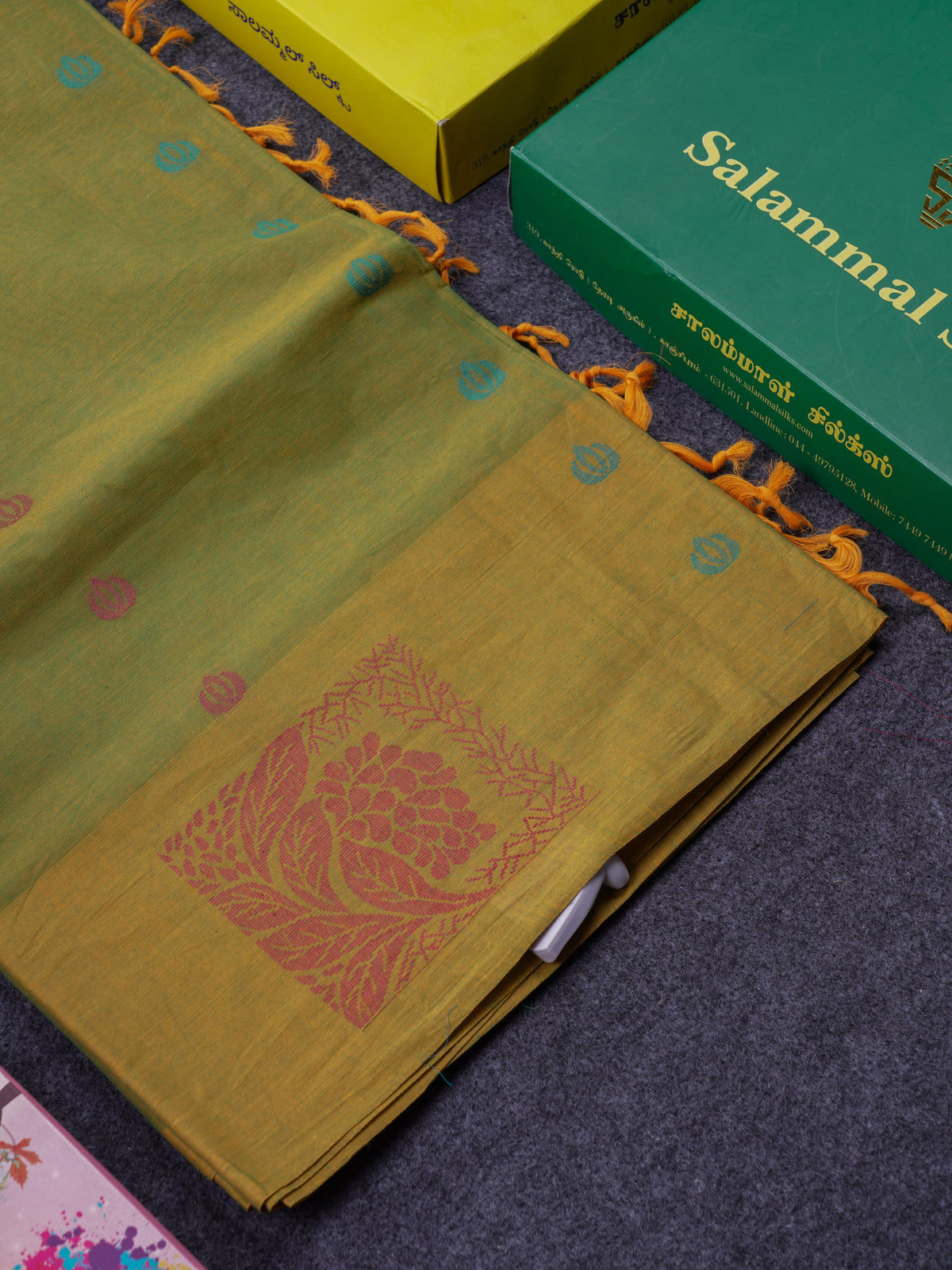 Beautiful Parrot Green Thread Work Buttas Pure Cotton Saree With Contrast Yellow Fancy Border