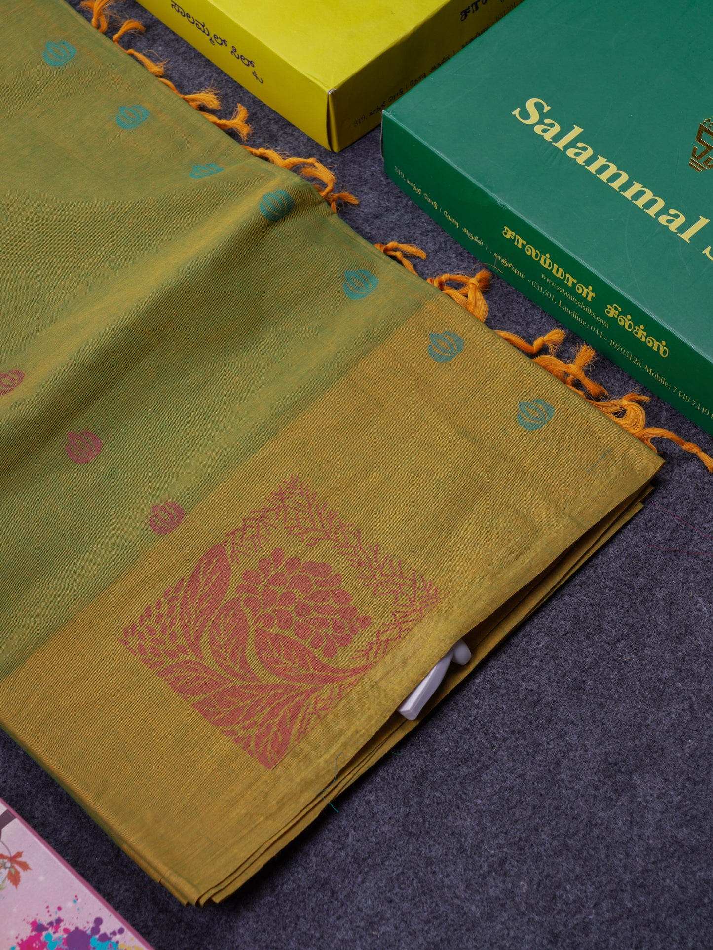 Beautiful Parrot Green Thread Work Buttas Pure Cotton Saree With Contrast Yellow Fancy Border