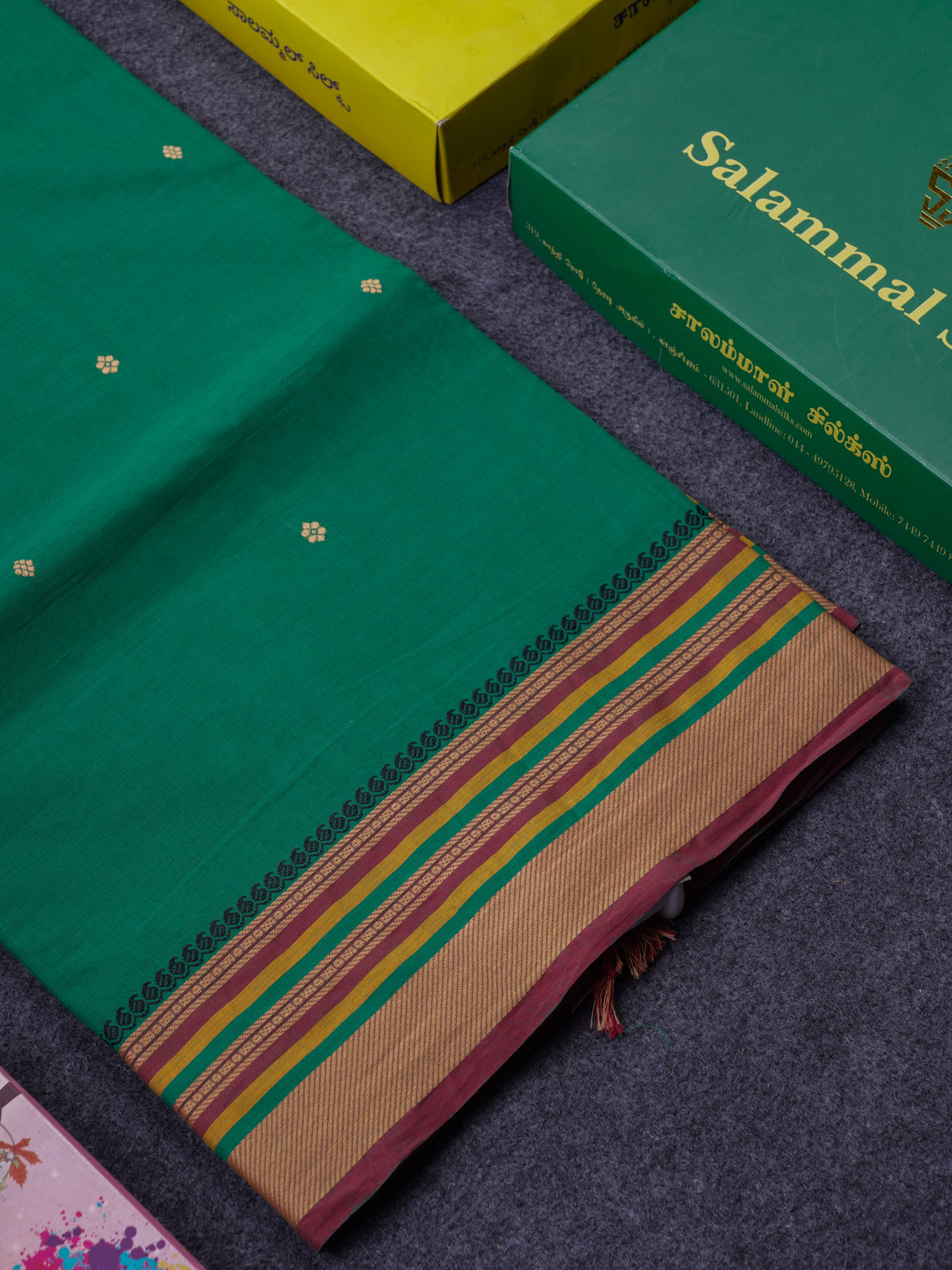 Beautiful Green Thread Work Buttas Pure Cotton Saree With Contrast Multicolour Border