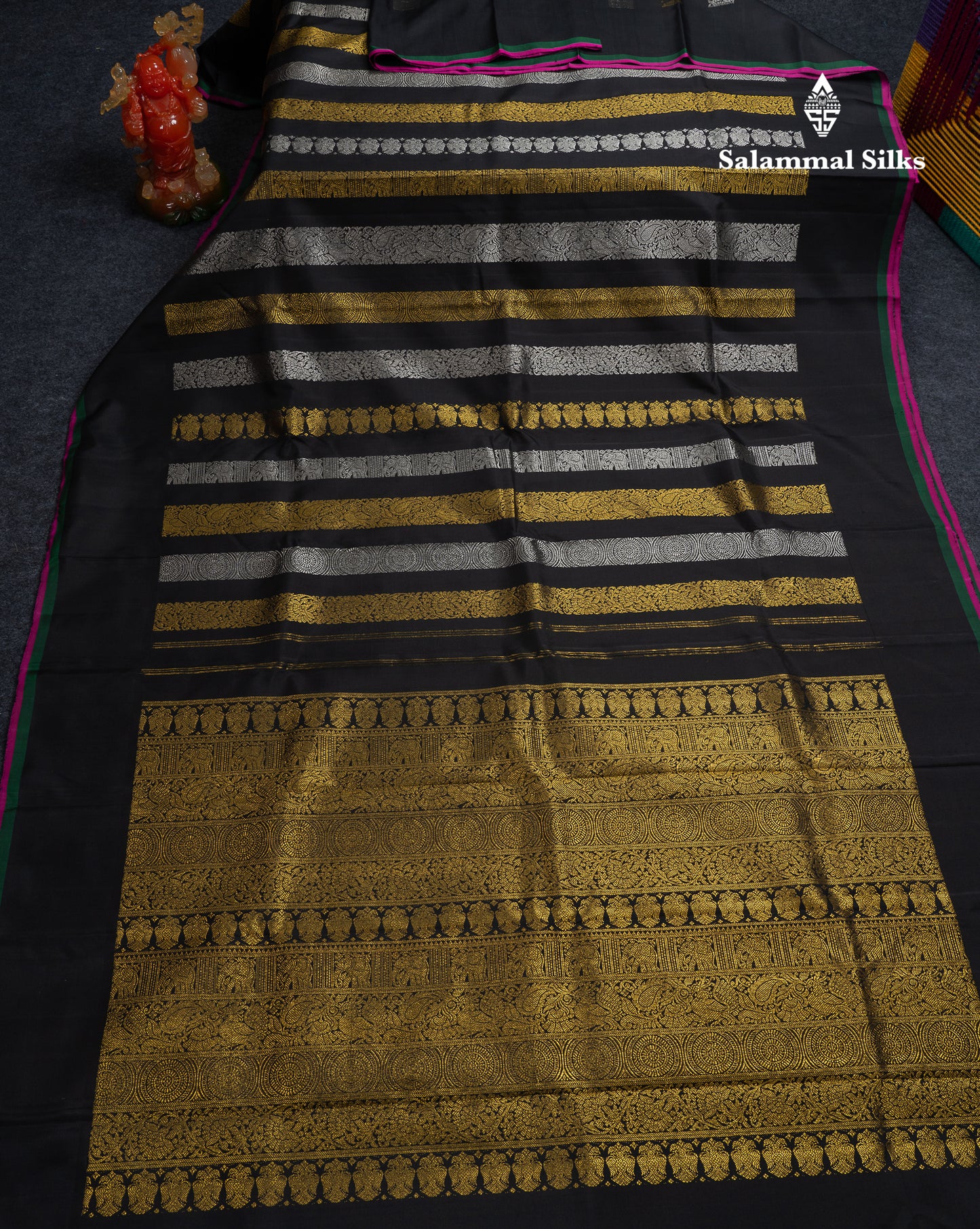 Beautiful Black Silver & Gold Zari Traditional Lines Butta Pure Kanjivaram Silk Saree With Blouse