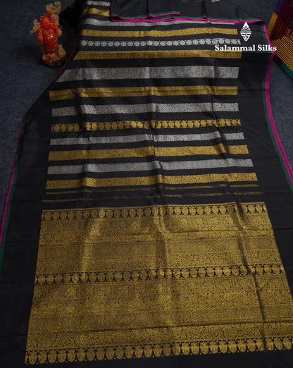 Beautiful Black Silver & Gold Zari Traditional Lines Butta Pure Kanjivaram Silk Saree With Blouse